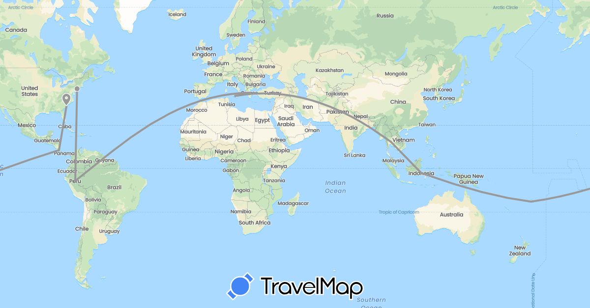 TravelMap itinerary: driving, plane in Costa Rica, Fiji, Greece, Indonesia, Italy, Peru, Thailand, United States (Asia, Europe, North America, Oceania, South America)